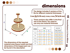 Dimensions of laser cut round tiered stand. Available different material thickness versions and file formants as SVG, DXF, CDR, AI