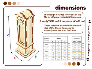The dimensions of the Laser Cut Pendulum Clock miniature, including the width, height, and depth. This information can be helpful when planning where to place the clock in your dollhouse or other miniature display.