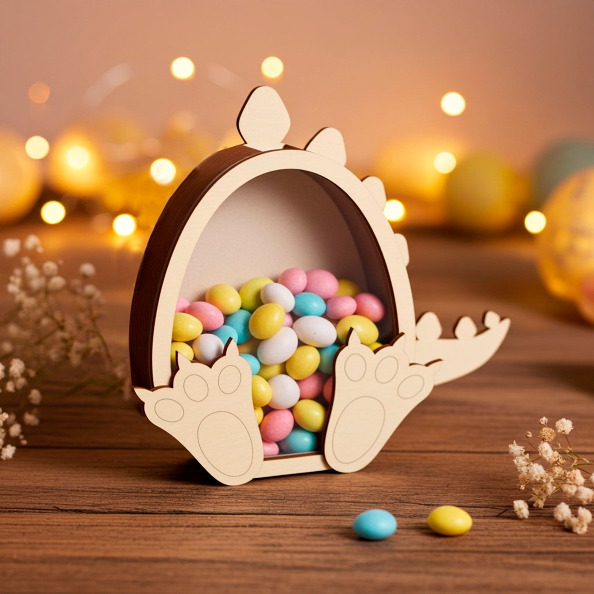 Laser cut plywood wooden dinosaur coin bank or candy box, filled with colorful pastel Easter chocolate eggs, sitting on a rustic table with soft, golden fairy lights and baby's breath flowers in the warm background.