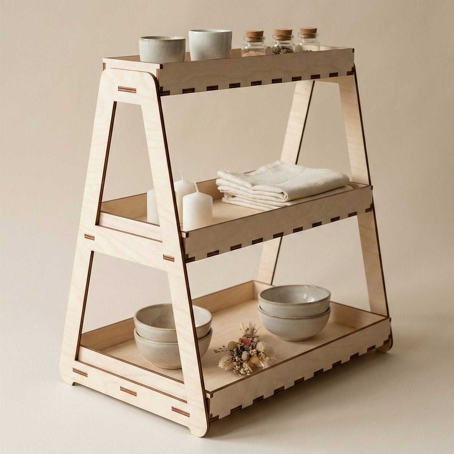 A 3-tier A-frame display stand made of light laser cut plywood. The slotted shelves hold ceramic bowls, small spice jars, white pillar candles, and folded linens. It features a minimalist, interlocking design on a neutral background.