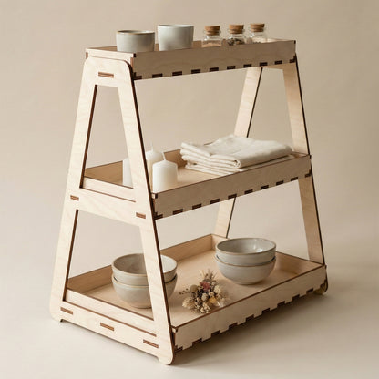 A 3-tier A-frame display stand made of light laser cut plywood. The slotted shelves hold ceramic bowls, small spice jars, white pillar candles, and folded linens. It features a minimalist, interlocking design on a neutral background.