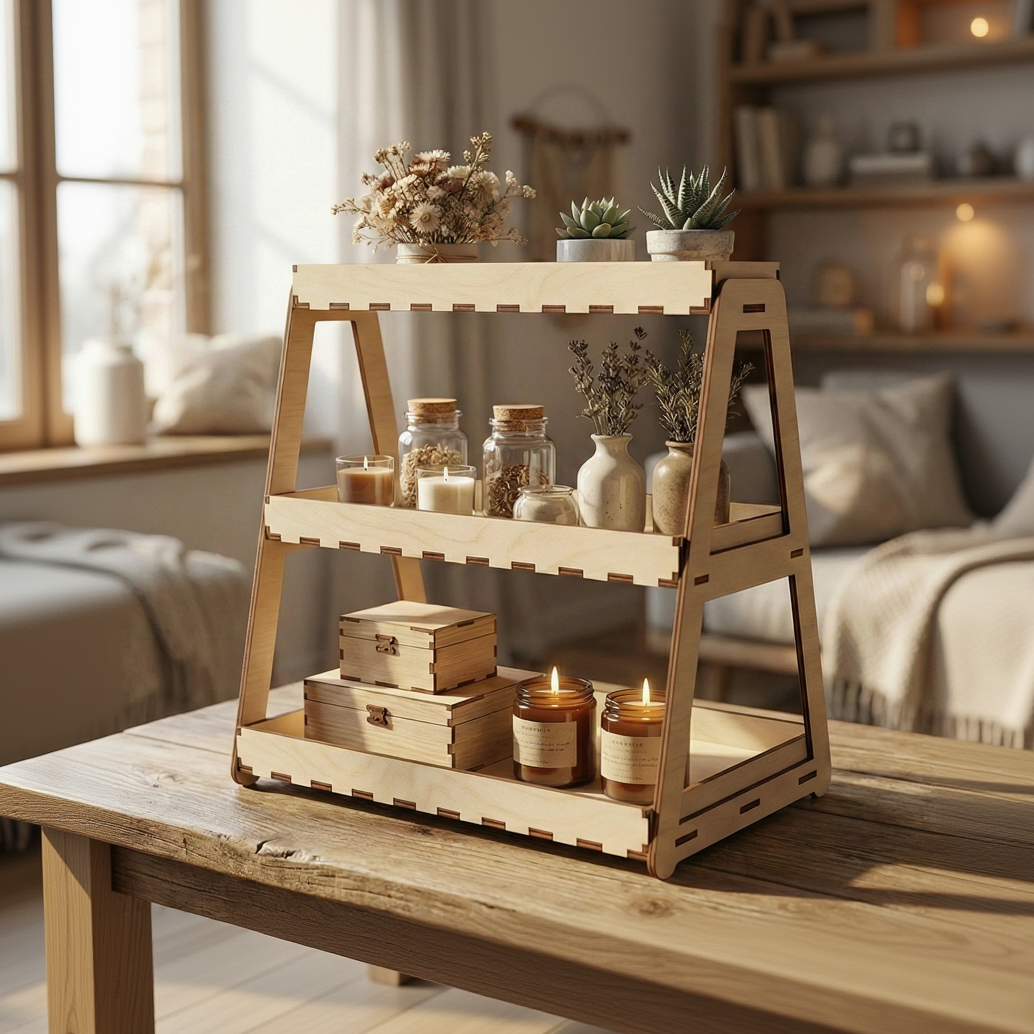 Three-tier laser cut plywood tabletop shelf holding small succulents, dried flowers in vases, and amber glass candles. Two small wooden chests sit on the bottom tray. The natural wood grain is visible in a bright, cozy living room setting.