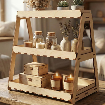 Three-tier laser cut plywood tabletop shelf holding small succulents, dried flowers in vases, and amber glass candles. Two small wooden chests sit on the bottom tray. The natural wood grain is visible in a bright, cozy living room setting.