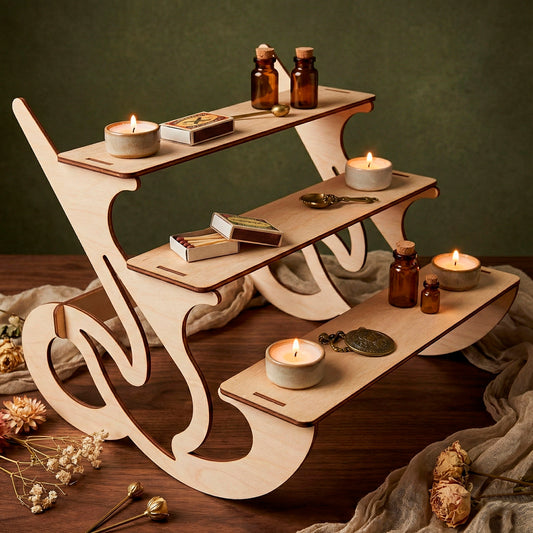 3 tier laser cut wooden plywood shelf displaying small candles, matchboxes, and amber apothecary bottles. Portable retail display stand with a scroll design is styled on a rustic table, demonstrating how to organize small merchandise for market stalls or shop counters using laser cut joinery