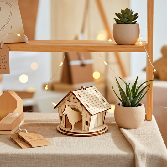 Laser cut  miniature  plywood wooden dog house model with a slatted roof and a large dog silhouette cutout in the front, sitting on a natural linen cloth next to potted succulents and warm fairy lights on a wooden shelf