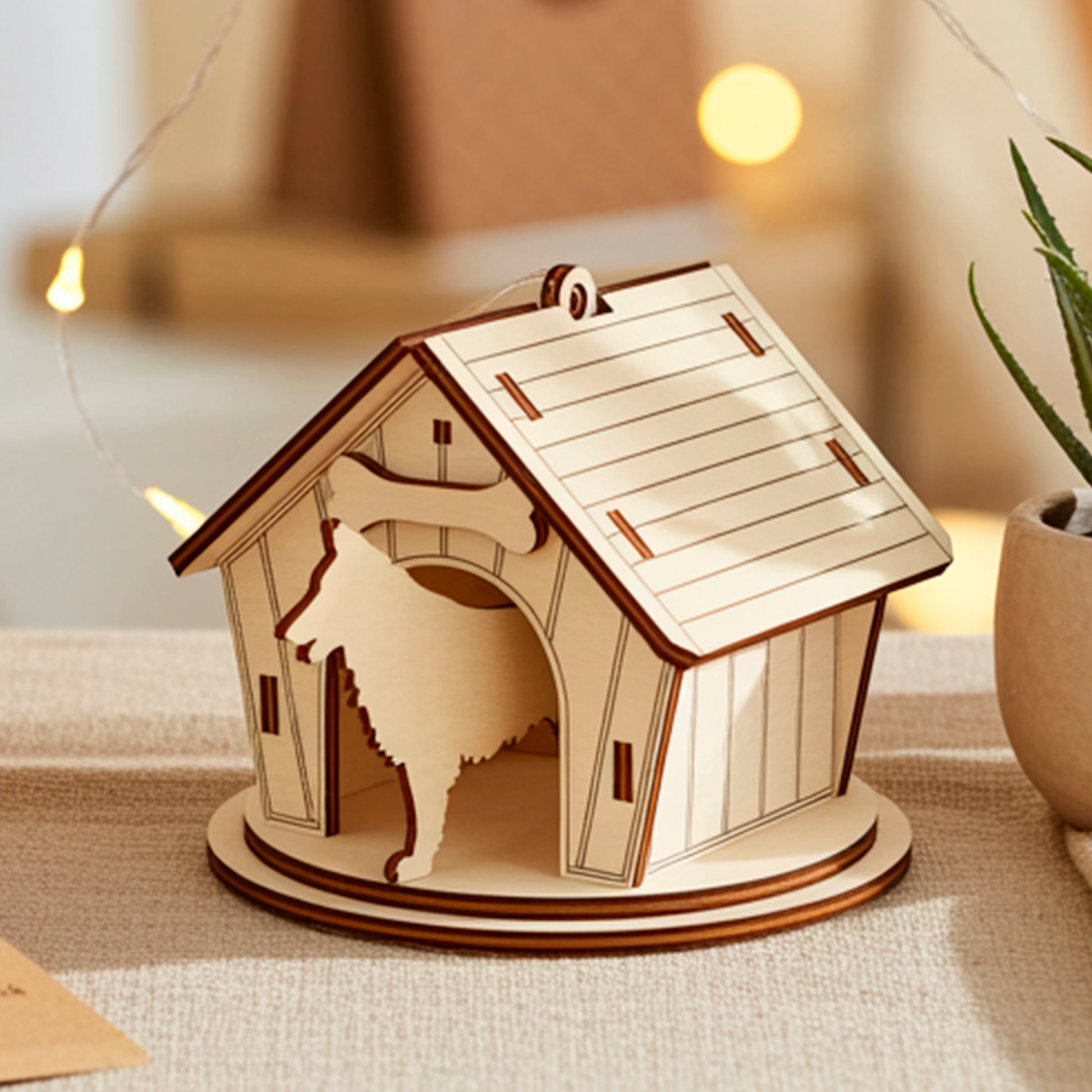 Laser cut  miniature  plywood wooden dog house model with a slatted roof and a large dog silhouette cutout in the front, sitting on a natural linen cloth next to potted succulents and warm fairy lights on a wooden shelf