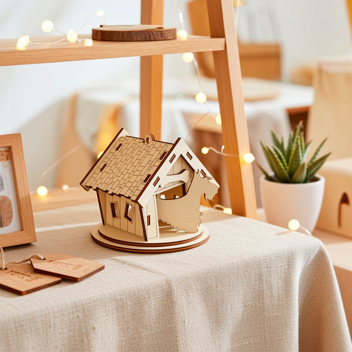 Laser cut miniature plywood wooden horse stable model with a shingled roof and a horse silhouette cutout in the front, sitting on a natural linen cloth next to a framed picture, potted succulent, and warm fairy lights on a wooden shelf