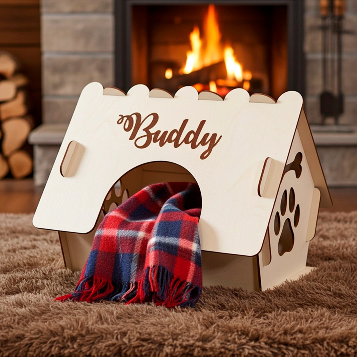 Laser cut wooden plywood dog house featuring a custom "Buddy" name engraving above the arched entrance. The pet bed has paw print and bone cutouts, shown indoors on a shaggy rug in front of a cozy fireplace with a plaid blanket tucked inside.