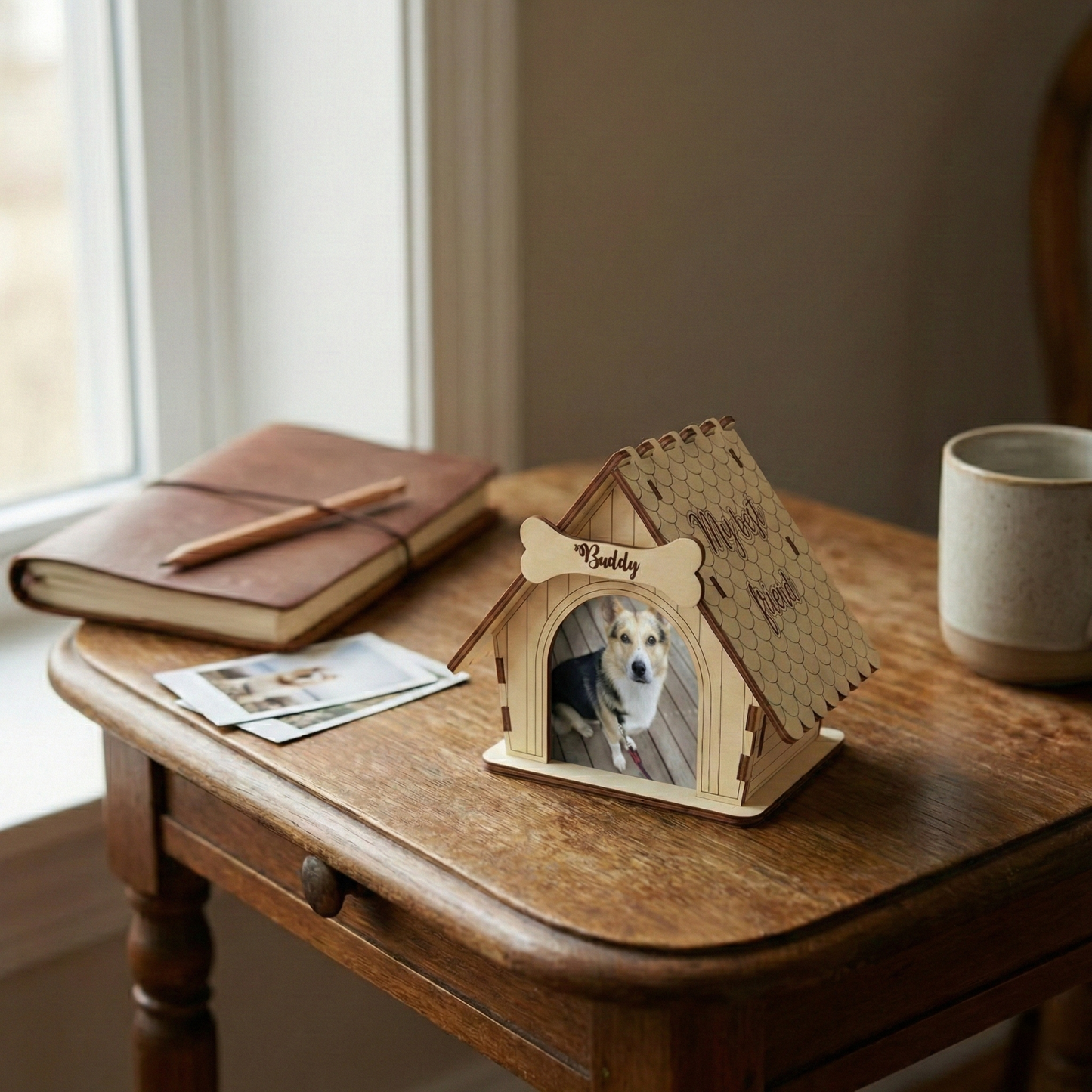 Wooden laser cut photo frame shaped like a doghouse on a wooden table with a window in the background.