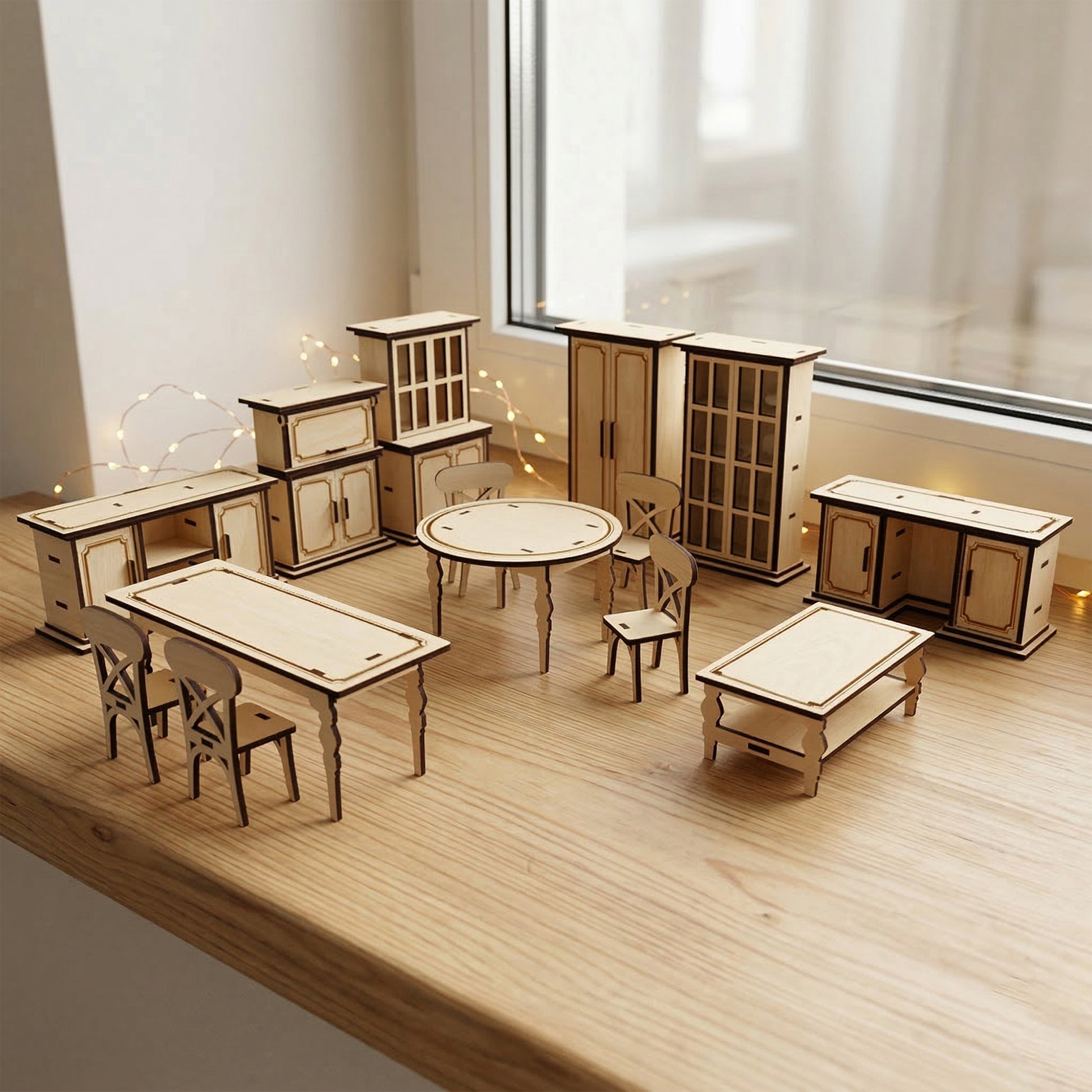 A collection of miniature laser cut plywood dollhouse furniture including tables, X-back chairs, and cabinets with closed doors. Handcrafted 1:12 scale wooden pieces with natural grain and dark burnt edges arranged on a light wood windowsill.