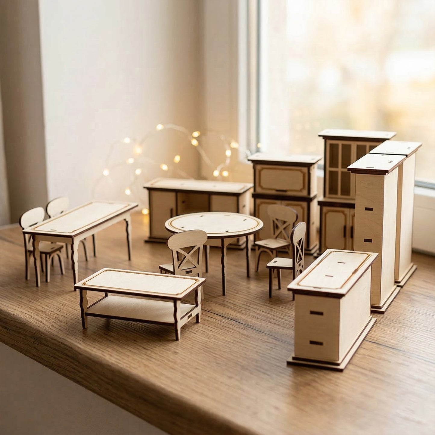 Side-angled view of 1:12 scale laser cut plywood dollhouse furniture. Features profiles of the dining tables, chairs, and tall cabinets, showcasing the precise assembly and smooth wood finish against a soft, blurred window background.