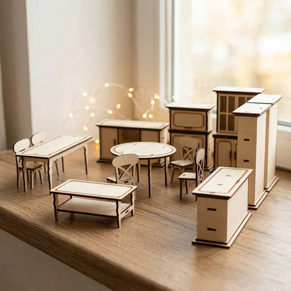 Side-angled view of 1:12 scale laser cut plywood dollhouse furniture. Features profiles of the dining tables, chairs, and tall cabinets, showcasing the precise assembly and smooth wood finish against a soft, blurred window background.
