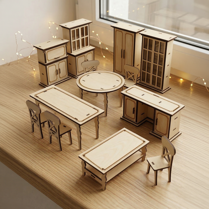 Set of laser cut wooden furniture models including tables and chairs on a wooden surface.