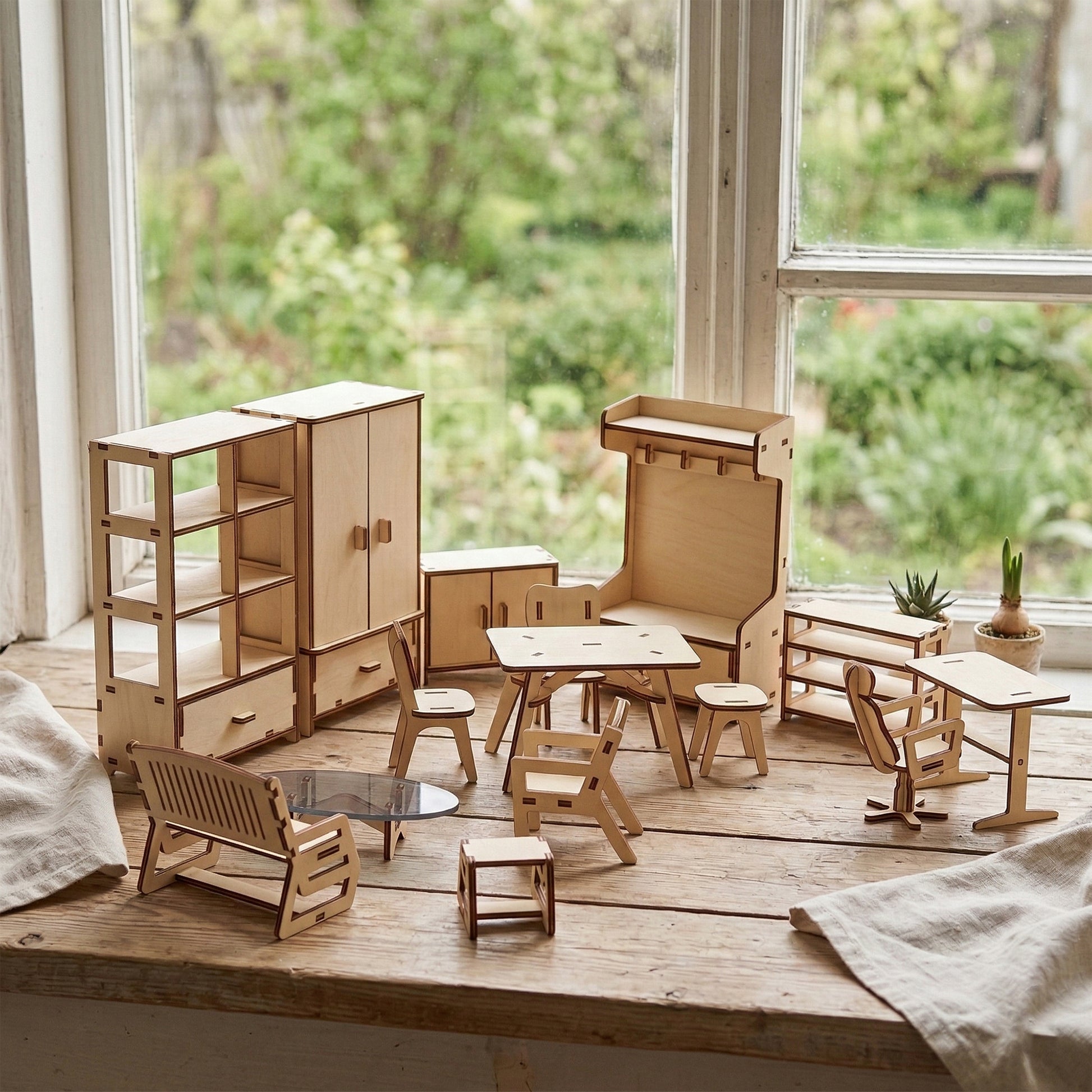 Large set of miniature doll furniture made of laser cut plywood. Includes a wardrobe, bookshelf, table, chairs, and a bench. Resting on a wooden surface by a window with garden views. Natural wood finish with visible dark burnt edges.