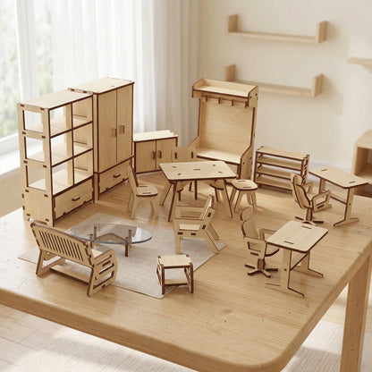 Detailed miniature furniture set crafted from laser cut plywood on a light wood table. Features a double wardrobe, shelving units, desks, and dining chairs. The pieces show precise tab-and-slot assembly and natural wood grain.