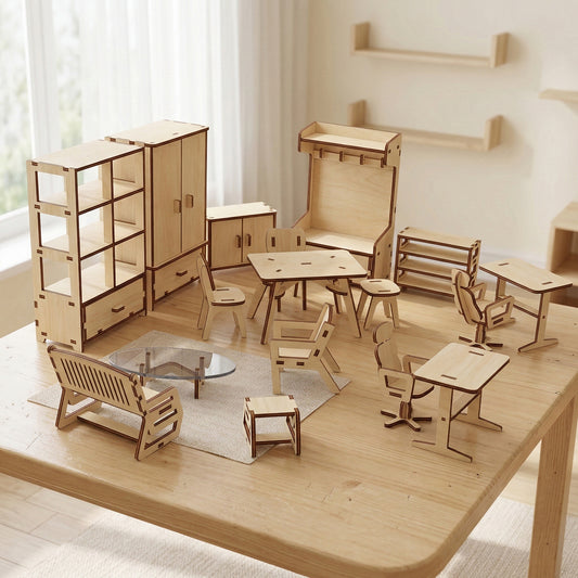Detailed miniature furniture set crafted from laser cut plywood on a light wood table. Features a double wardrobe, shelving units, desks, and dining chairs. The pieces show precise tab-and-slot assembly and natural wood grain.