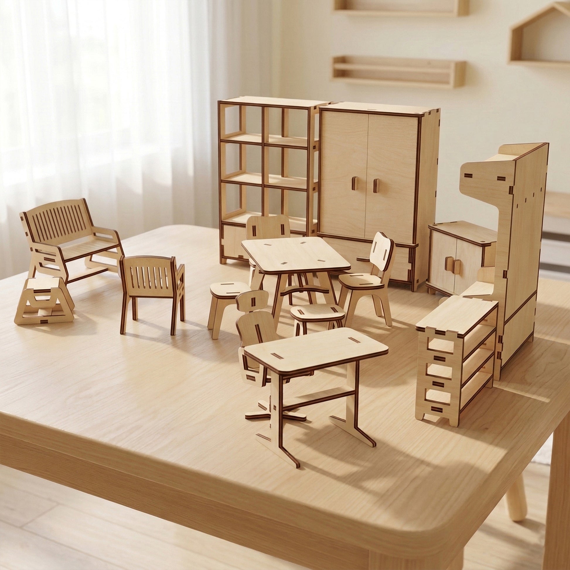 Close-up view of a dollhouse furniture collection made of laser cut plywood. Focuses on a miniature desk and office chair in the foreground with a tall bookshelf and cabinet behind. Smooth natural wood texture and dark laser-cut outlines.