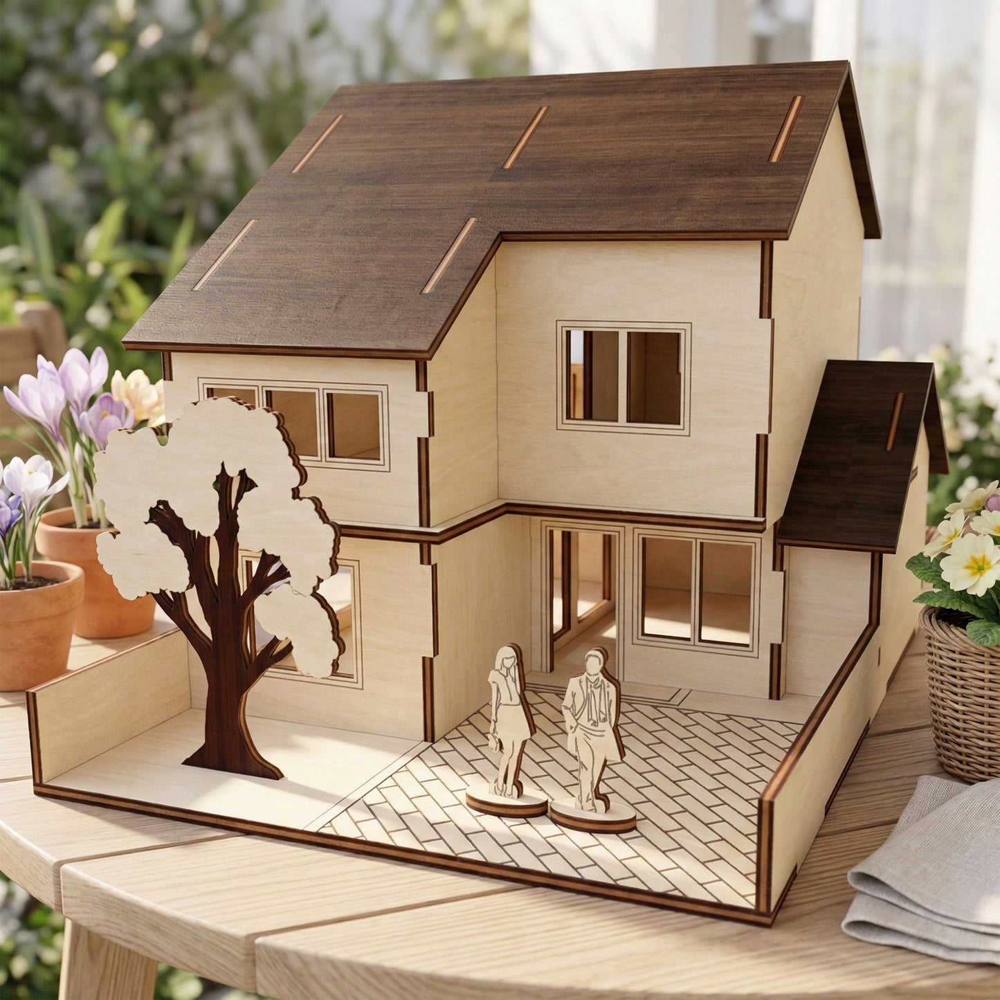 Two-story dollhouse with a yard, made from laser cut plywood. Features a dark brown textured roof, light wood walls, a miniature tree, and two human figures on a brick-patterned patio. Shown outdoors on a wooden garden table.