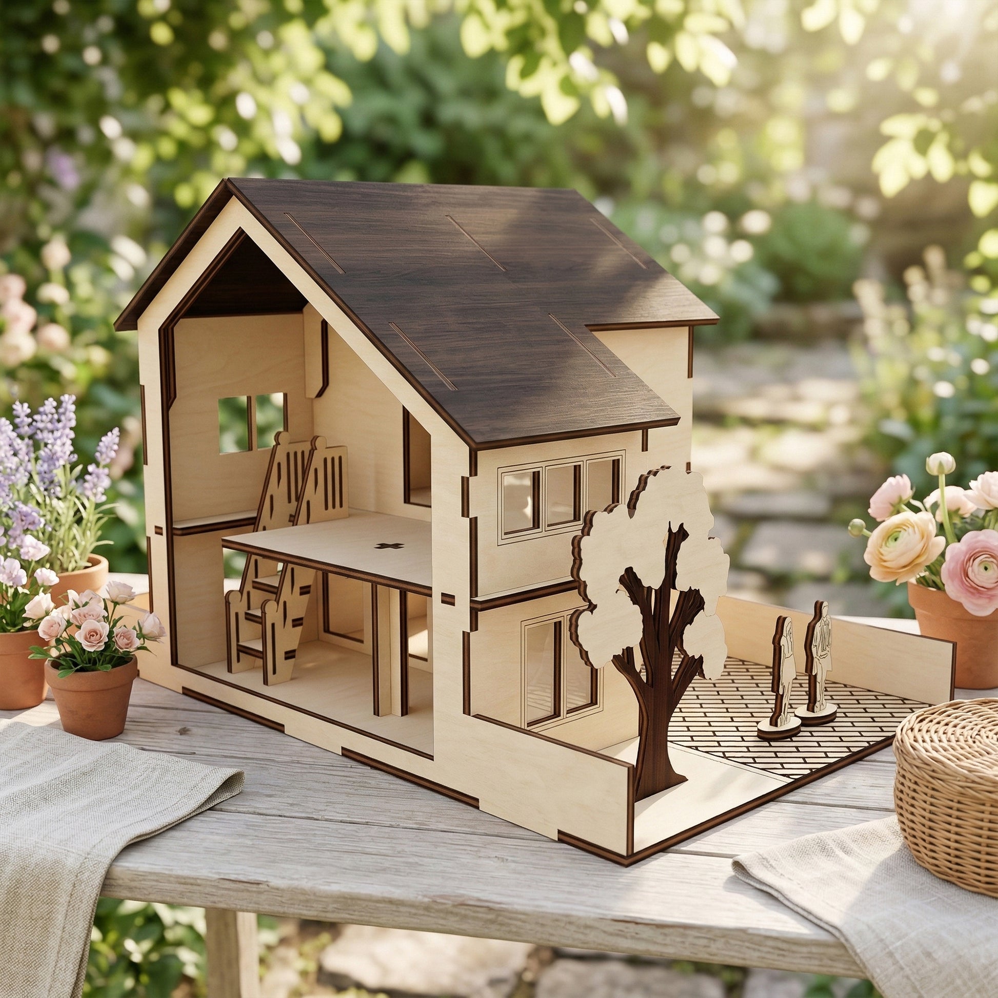 Side angle of a DIY laser cut plywood dollhouse with a yard. A decorative wooden tree stands by the front entrance. Two small figurines stand on the patio. Surrounded by potted spring flowers in a sunny garden setting.