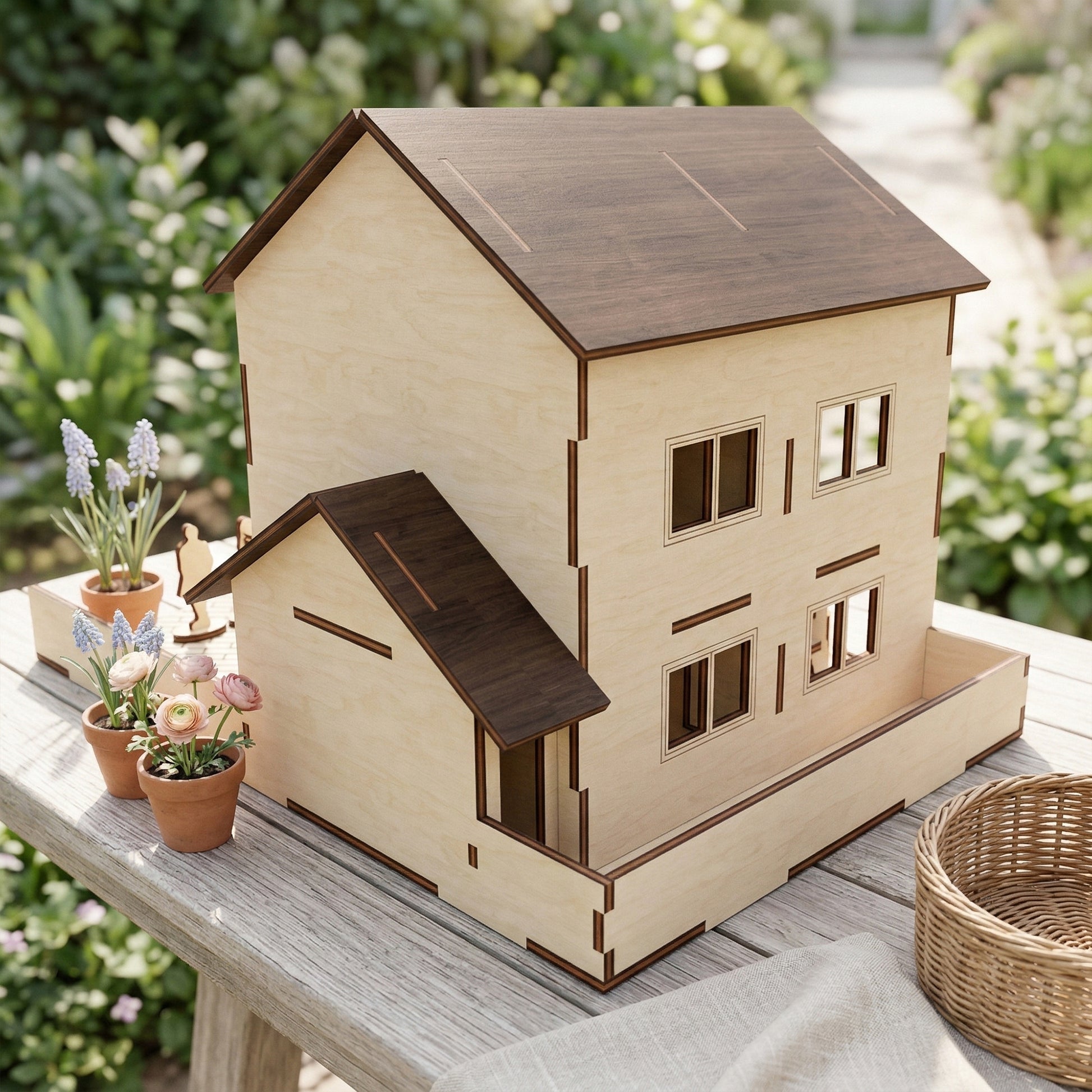 Exterior side view of a laser cut plywood dollhouse kit. Highlights the interlocking corner tabs and the contrast between the dark brown roof and light wood siding. Features a small side-porch or garage extension.