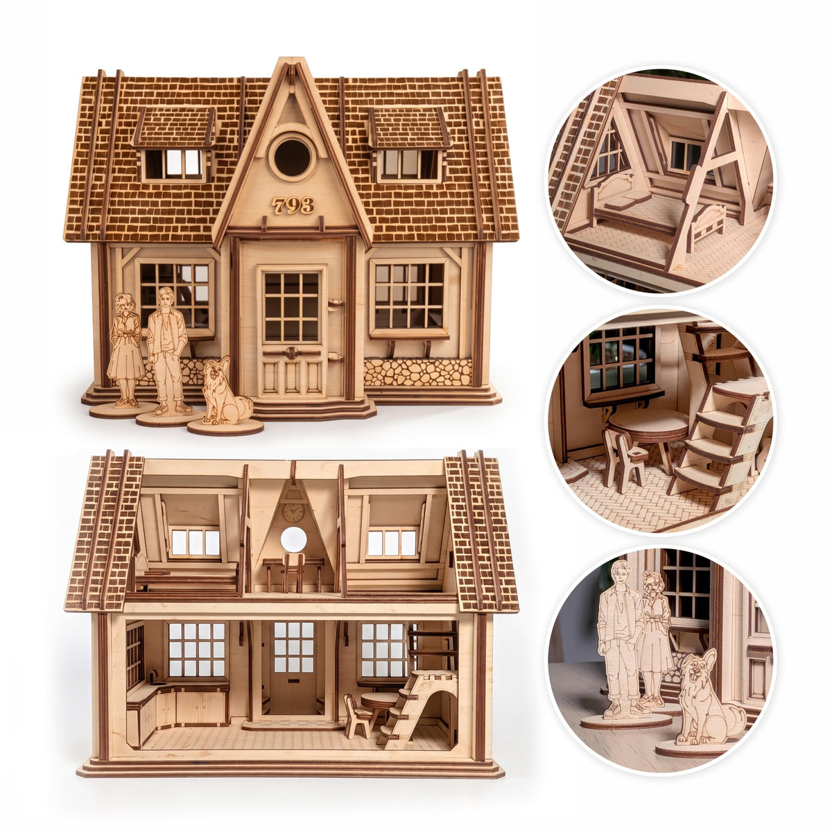A wooden laser cut dollhouse puzzle shown assembled from the front and cut away to show the interior, with three circular inset close-ups of the inside details. The product is made of light natural wood and features a detailed cottage design with windows, stairs, and small figurines on a white background.