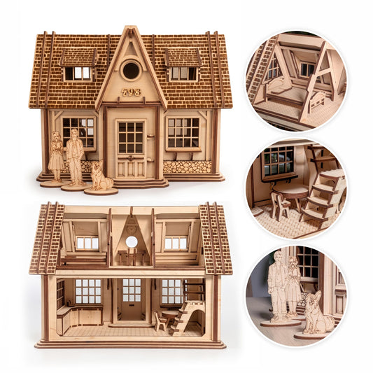 A wooden laser cut dollhouse puzzle shown assembled from the front and cut away to show the interior, with three circular inset close-ups of the inside details. The product is made of light natural wood and features a detailed cottage design with windows, stairs, and small figurines on a white background.