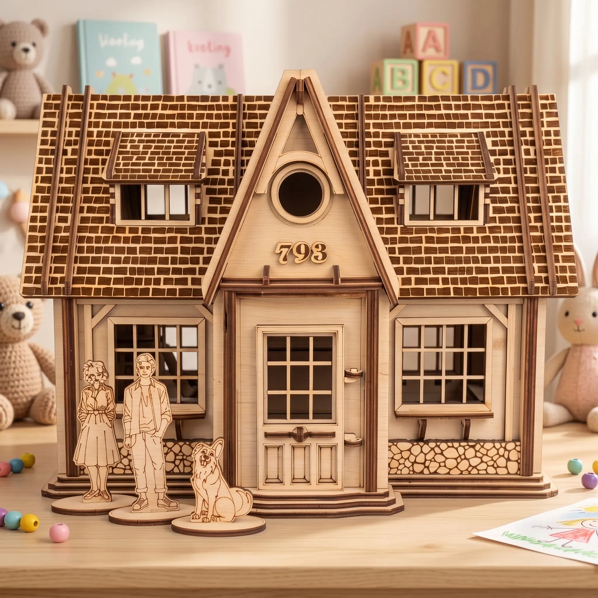 A laser cut dollhouse plywood model with a detailed shingled roof, front door, windows, and small engraved figures and a dog in front
