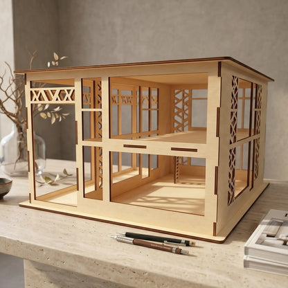 Wooden model of a modern dollhouse house on a table with a neutral background
