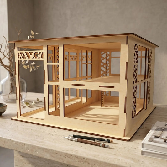 Wooden model of a modern dollhouse house on a table with a neutral background