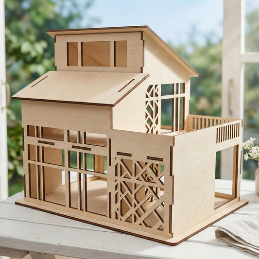 Front view of a three-story DIY dollhouse with a balcony, intricately crafted from natural laser cut plywood. Features detailed window frames, a gabled roof, and decorative cutout railings. Shown fully assembled on a neutral background.