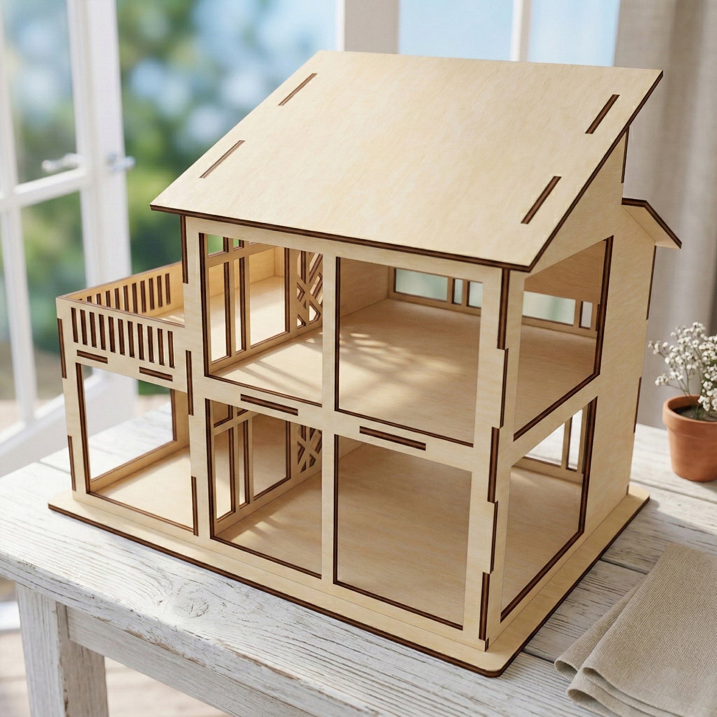 Side perspective of the laser cut plywood dollhouse showing the open-back design for easy play access. Highlights the precise interlocking joints, smooth wood grain texture, and three levels of spacious interior rooms.