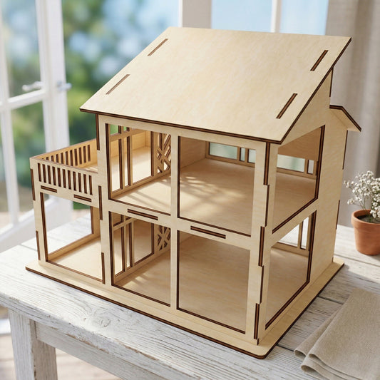 Side perspective of the laser cut plywood dollhouse showing the open-back design for easy play access. Highlights the precise interlocking joints, smooth wood grain texture, and three levels of spacious interior rooms.