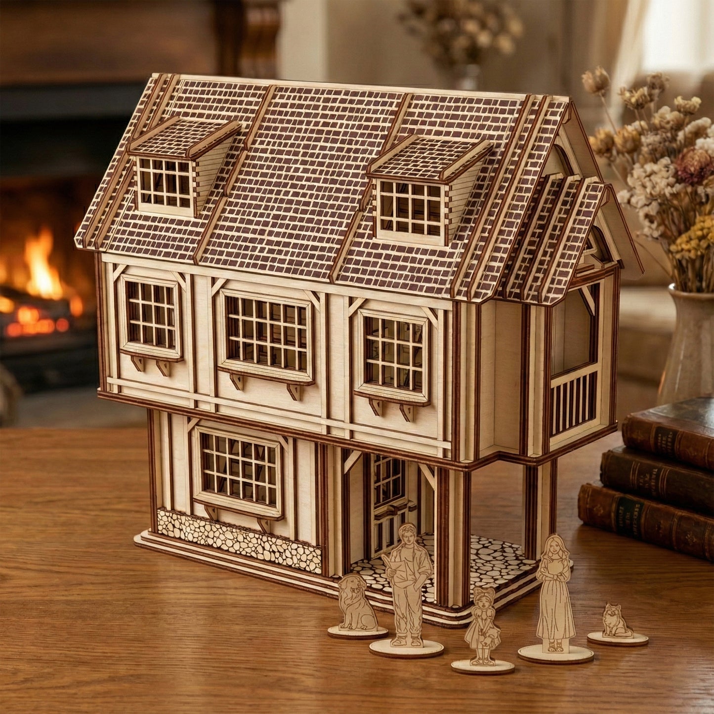 A large two-story Tudor-style dollhouse made of laser cut plywood. Features a textured shingle roof, dormer windows, and a stone-patterned foundation. Shown with wooden family figurines and a dog on a rustic wooden table near a fireplace.