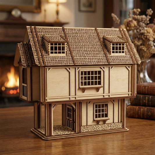 Rear view of a miniature wooden house crafted from laser cut plywood. The model highlights the precision-cut window frames with flower boxes and the interlocking beam structure. The natural birch wood has elegant dark brown engraved accents.