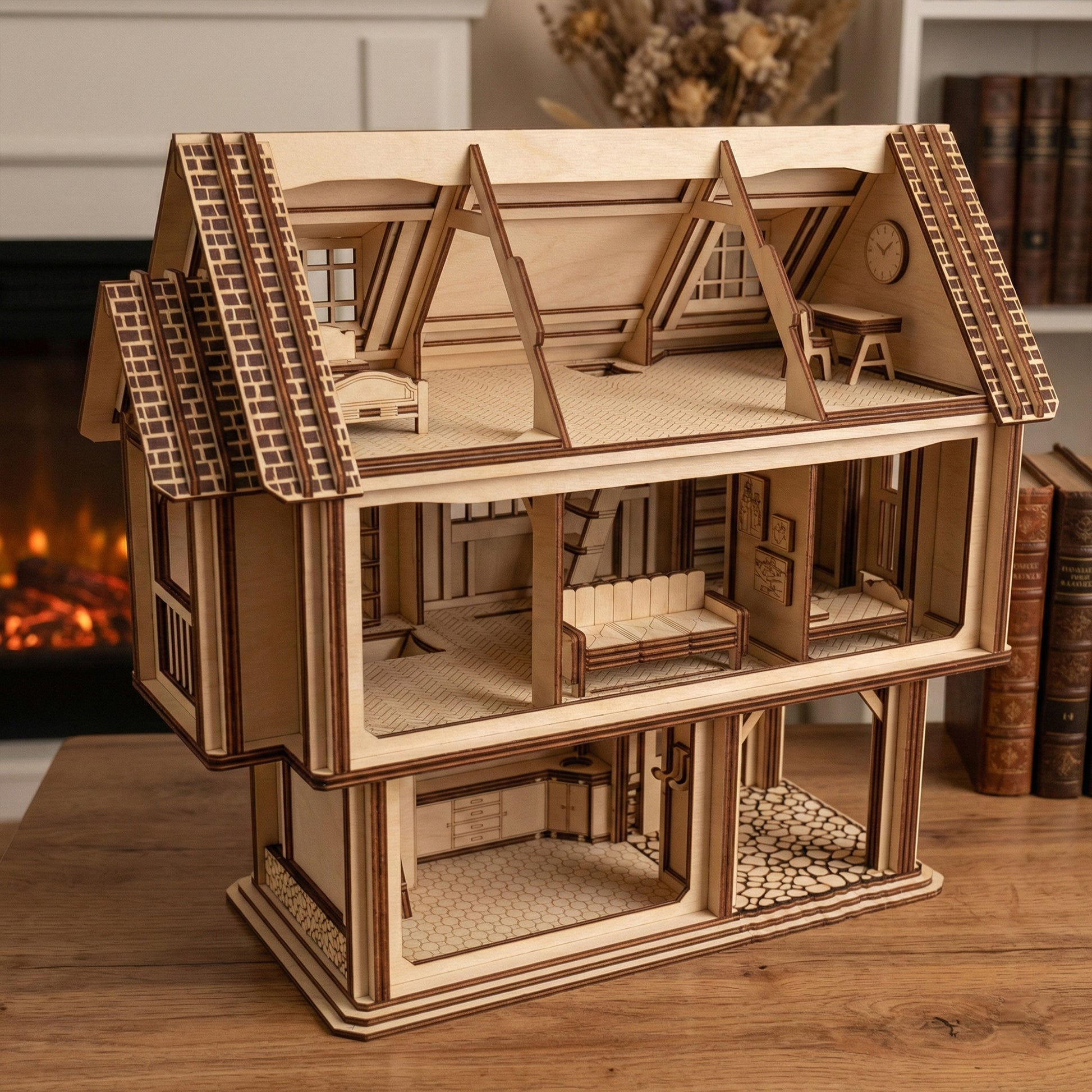 Open back view of a laser cut plywood dollhouse showing three floors of interior rooms. Includes miniature wooden furniture like a sofa, bed, and desk. The detailed floor patterns and wall engravings showcase high-quality craftsmanship.