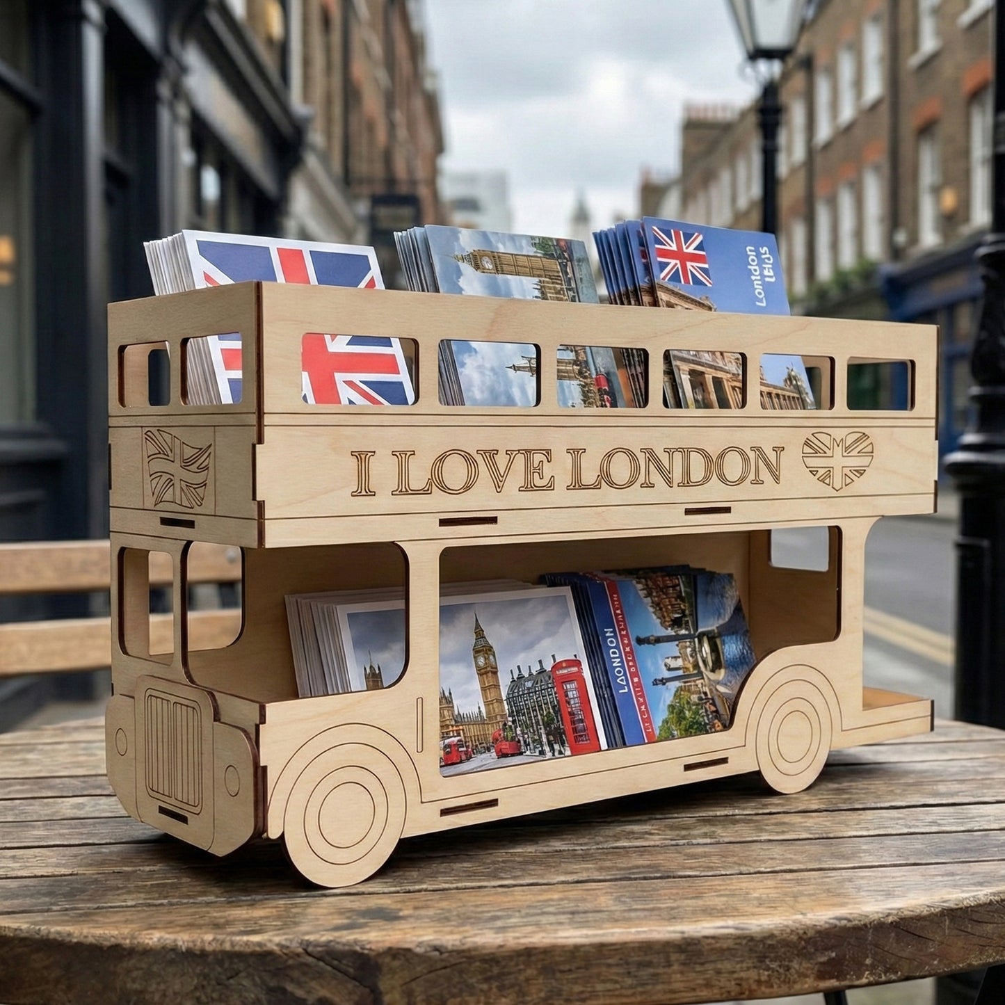 Laser cut plywood London double-decker bus organizer on a wooden table. Features two levels for postcards and "I LOVE LONDON" etched on the side. Detailed bus grill and wheels in a natural wood finish.