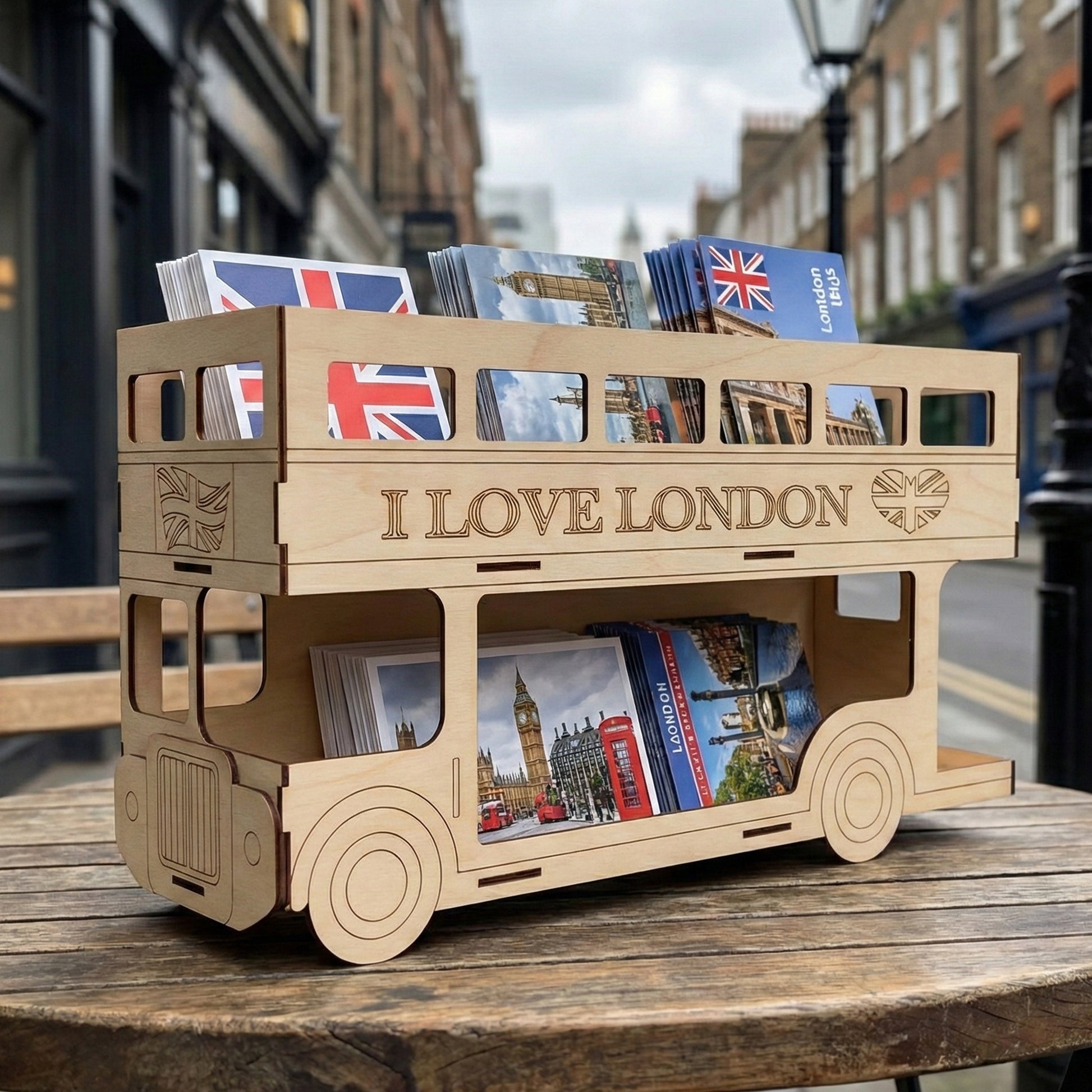 Laser cut plywood London double-decker bus organizer on a wooden table. Features two levels for postcards and "I LOVE LONDON" etched on the side. Detailed bus grill and wheels in a natural wood finish.