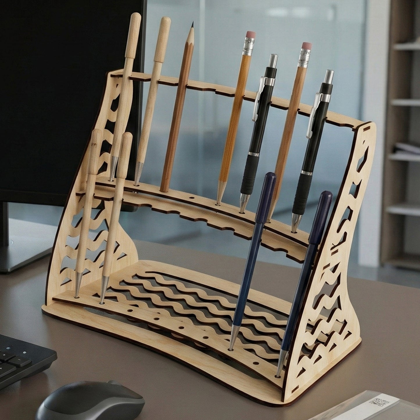 Natural wood laser cut desk organizer with intricate wave patterns, holding various pens and pencils, on an office desk background.