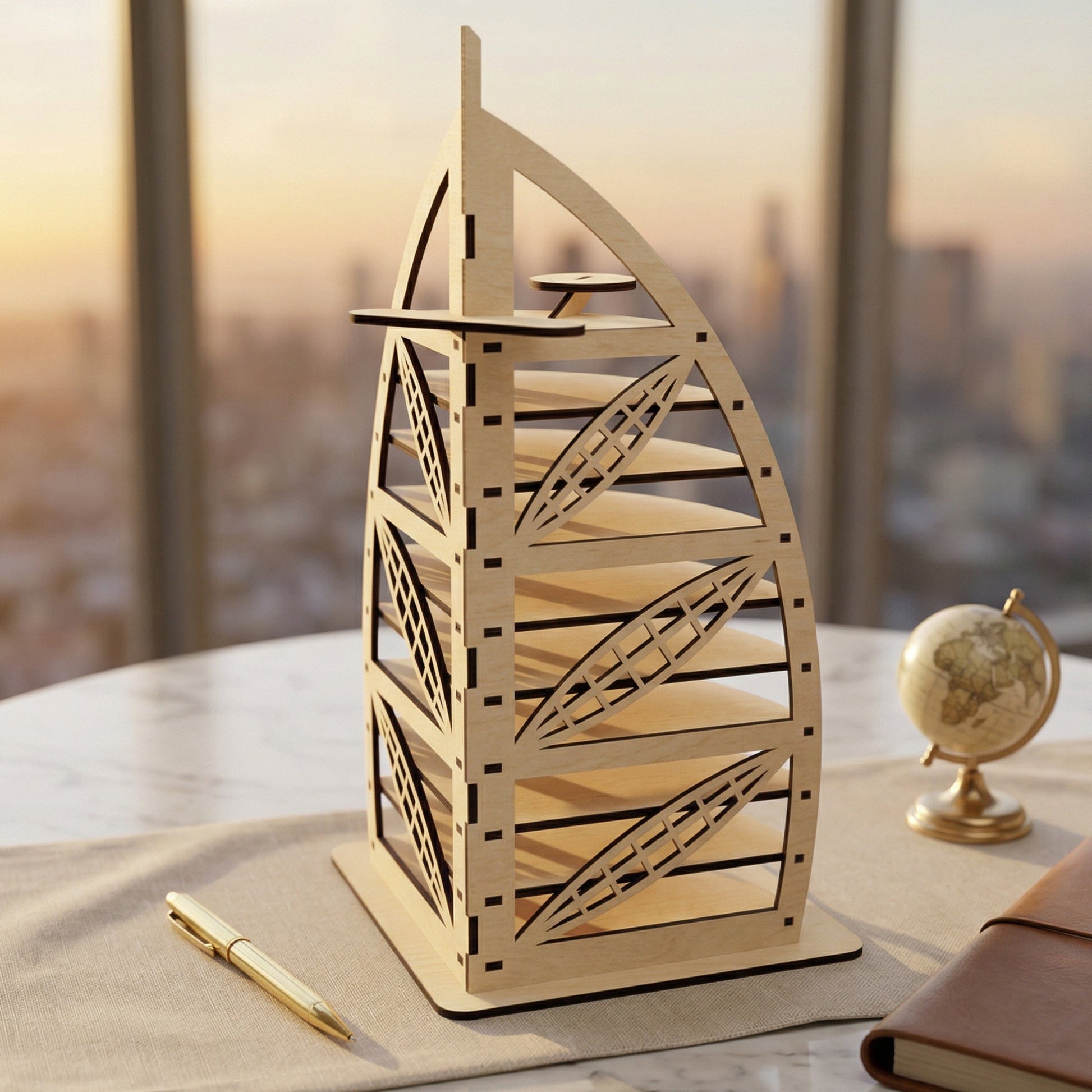 A 3D architectural model of the Burj Al Arab hotel, handcrafted from laser-cut plywood. The design features precise horizontal floor plates and a curved sail silhouette. Displayed on a desk with a gold pen and miniature globe against a blurred sunset city skyline.