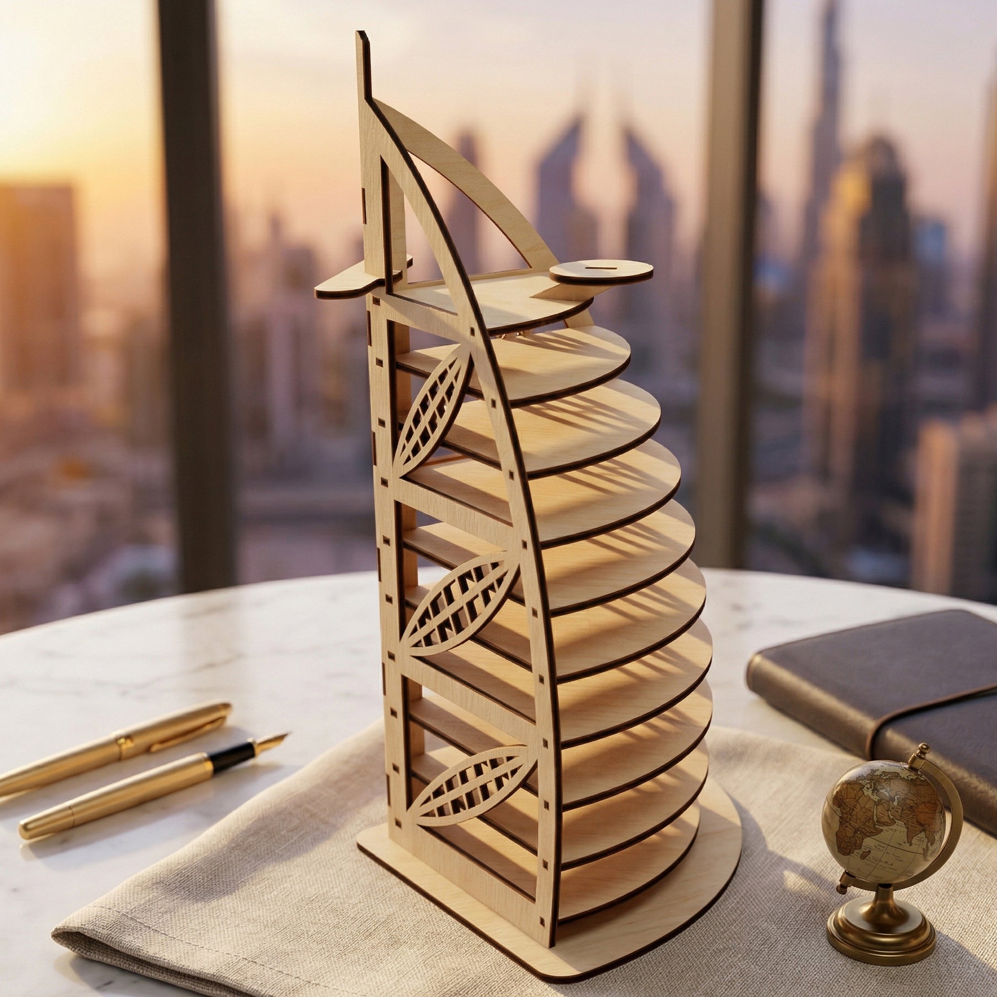 Side-angled view of a laser-cut wooden Burj Al Arab sculpture. This 3D puzzle highlights the iconic sail shape and helipad detail of the Dubai landmark. Posed in a professional office setting with fountain pens and a leather notebook.