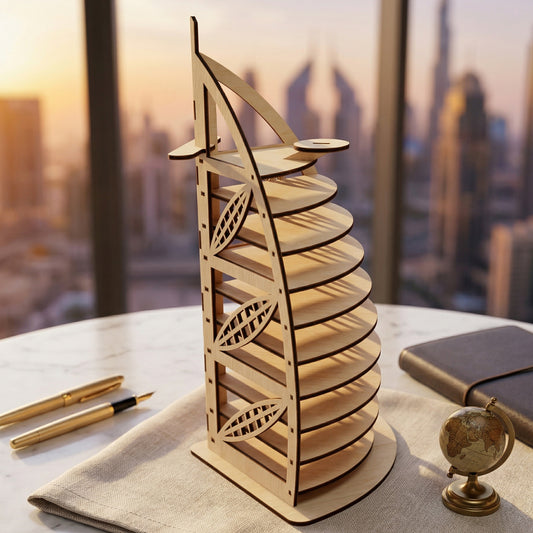 Side-angled view of a laser-cut wooden Burj Al Arab sculpture. This 3D puzzle highlights the iconic sail shape and helipad detail of the Dubai landmark. Posed in a professional office setting with fountain pens and a leather notebook.
