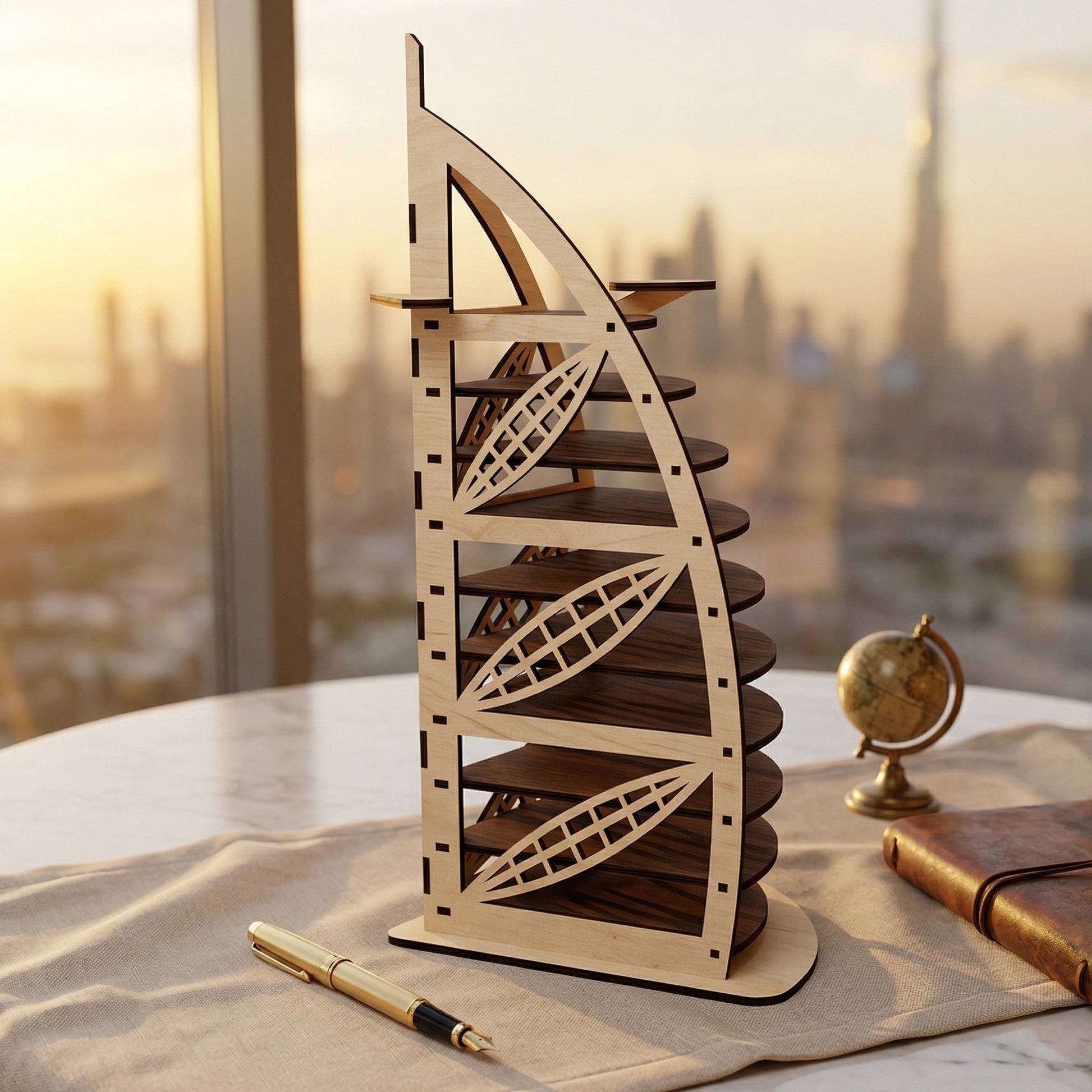 Profile shot of a Burj Al Arab model made from light-colored plywood with dark-edged laser cutouts. The intricate design showcases the architectural beauty of the sail-shaped hotel. Displayed on a table with a vintage-style globe and stationery.