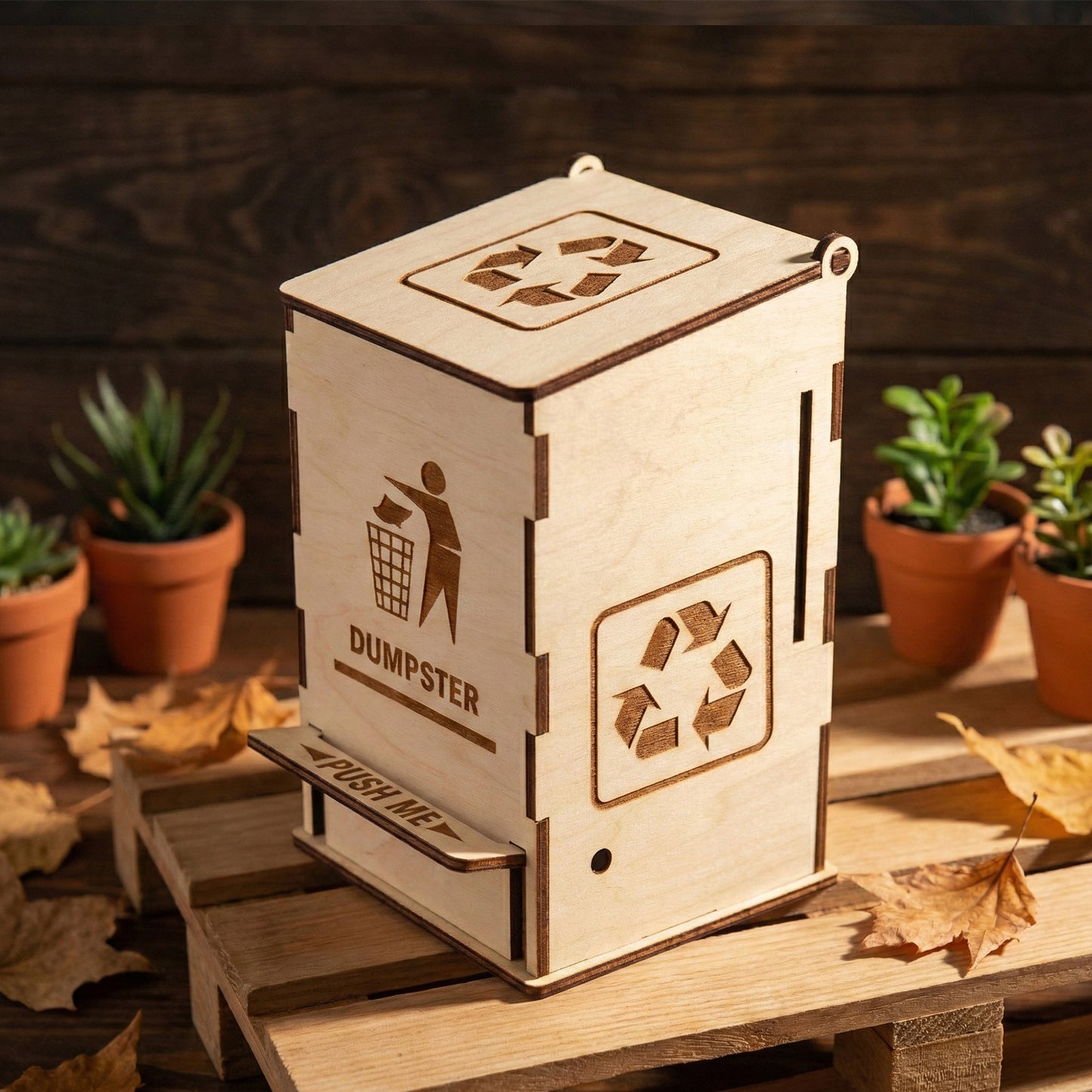 Miniature tabletop dumpster made of laser cut plywood with engraved recycling symbols and a "PUSH ME" lever. It sits on a small wooden pallet surrounded by autumn leaves and potted succulents to show scale and craftsmanship.