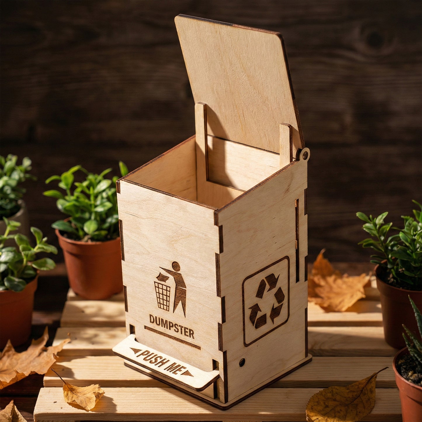 Open laser cut plywood miniature dumpster showing the hollow interior and hinged lid. Features dark burnt finger-joint edges and a front-facing recycling logo. Placed on a wooden pallet among small green plants for a rustic desk aesthetic.