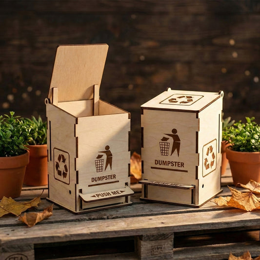 Two laser cut plywood miniature dumpsters side-by-side on a wooden pallet; one is open and one is closed. Highlights the detailed engravings and functional lever mechanism. Perfect for a unique office desk organizer or trash bin.