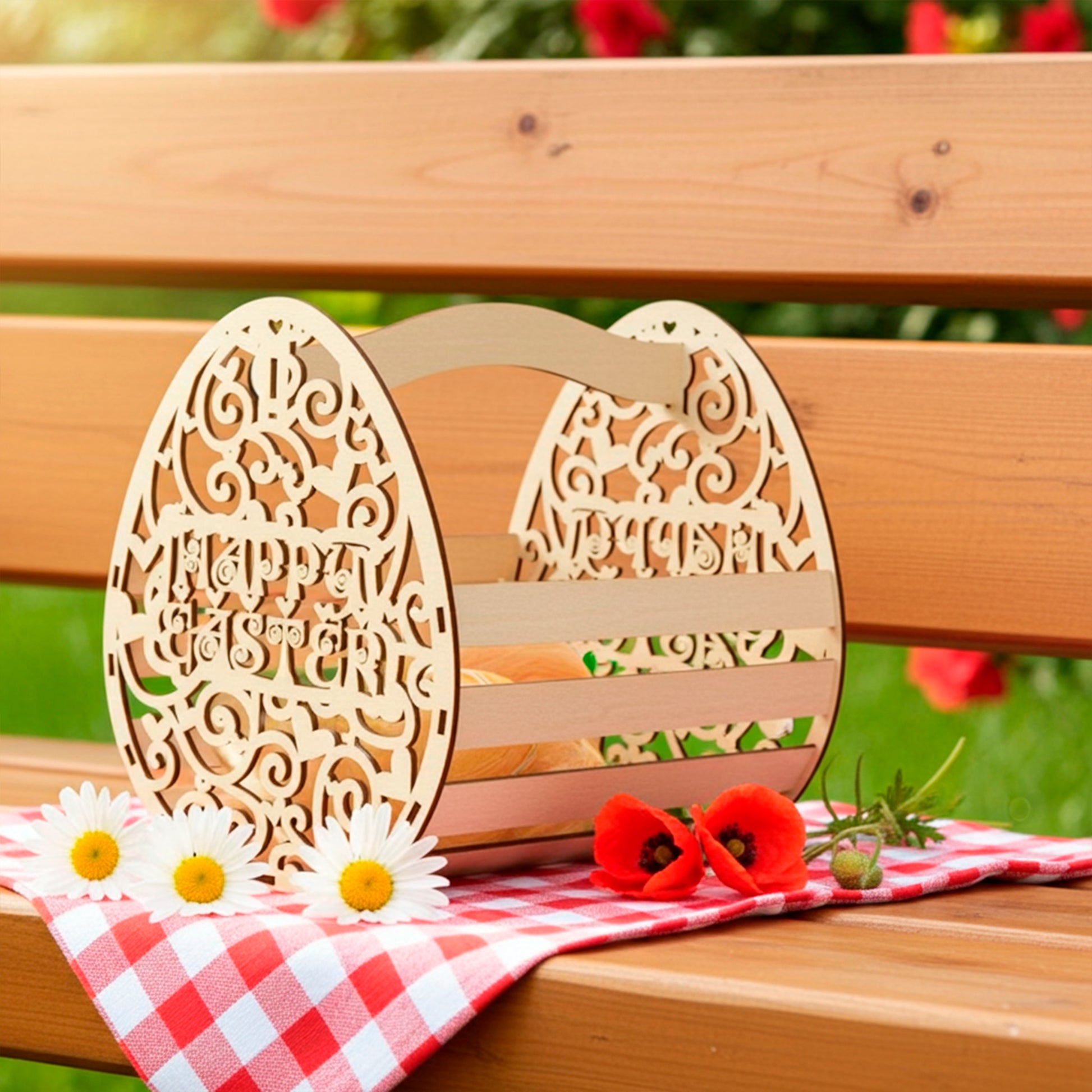 Laser cut plywood wooden Easter basket shaped like a decorative egg with "Happy Easter" text cutout, standing on a picnic bench with a red checkered napkin, next to daisies and red poppies