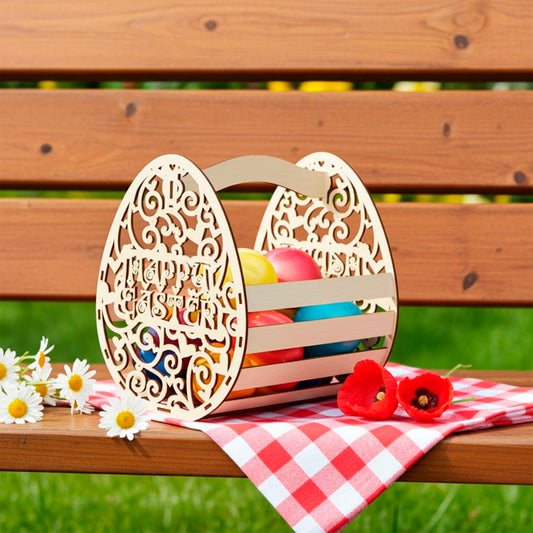 Laser cut plywood wooden Easter basket shaped like a decorative egg with "Happy Easter" text cutout, filled with colorful painted eggs and standing on a picnic bench with a red checkered napkin, next to daisies and red poppies