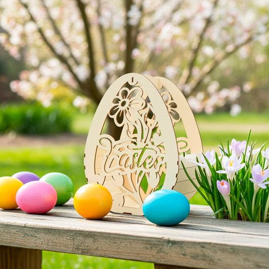 Light brown laser cut  plywood wooden egg-shaped basket with floral design and "Easter" text, sitting on a weathered wooden railing outdoors, surrounded by colored eggs and blooming crocuses