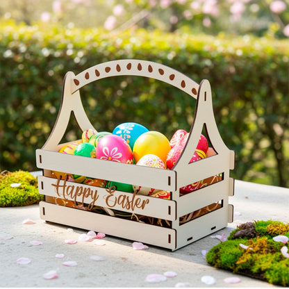 Laser cut wooden plywood crate-style Easter basket with "Happy Easter" script, filled with bright decorated eggs, placed on a stone surface surrounded by moss and pink petals