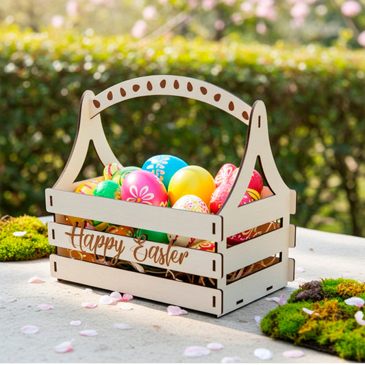 Laser cut wooden plywood crate-style Easter basket with "Happy Easter" script, filled with bright decorated eggs, placed on a stone surface surrounded by moss and pink petals